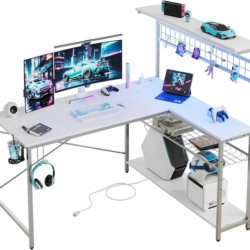 Bestier L‑Shaped Gaming Desk with LED Lights &mdash; Reversible Corner Desk with Hutch, Shelves, Outlets & USB Ports