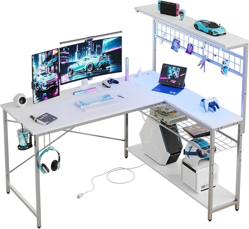 Bestier L‑Shaped Gaming Desk with LED Lights &mdash; Reversible Corner Desk with Hutch, Shelves, Outlets & USB Ports