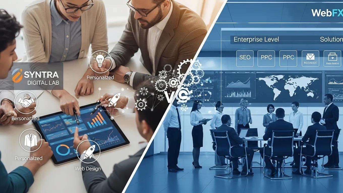 Comparison of digital marketing agencies Syntra Digital Lab and WebFX, highlighting personalized service and enterprise solutions