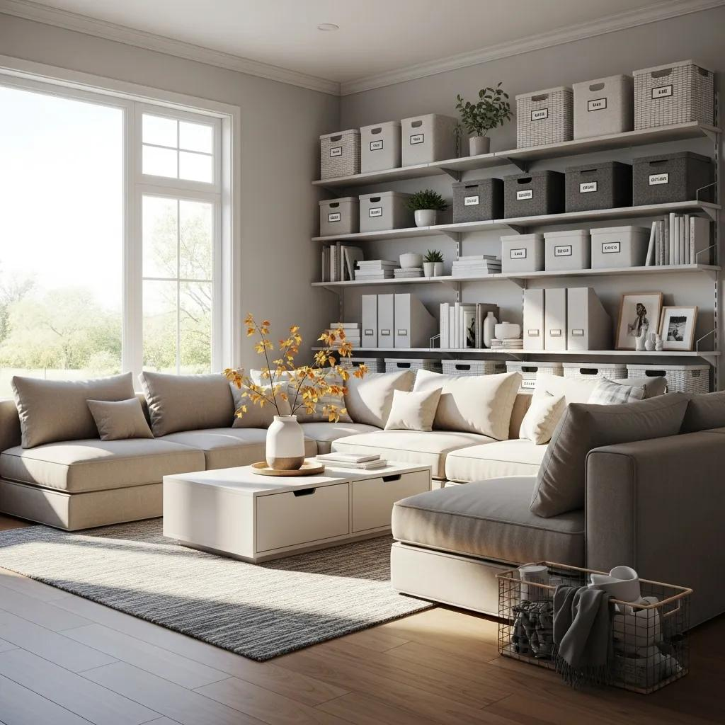 Cozy small living space in Canada with smart storage solutions and organized decor