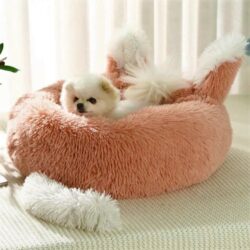 Plush Pet Bed with Ears & Tail (Medium, 20" Diameter) — Faux Shag Fur Cat & Small Dog Bed with Anti-Skid Base