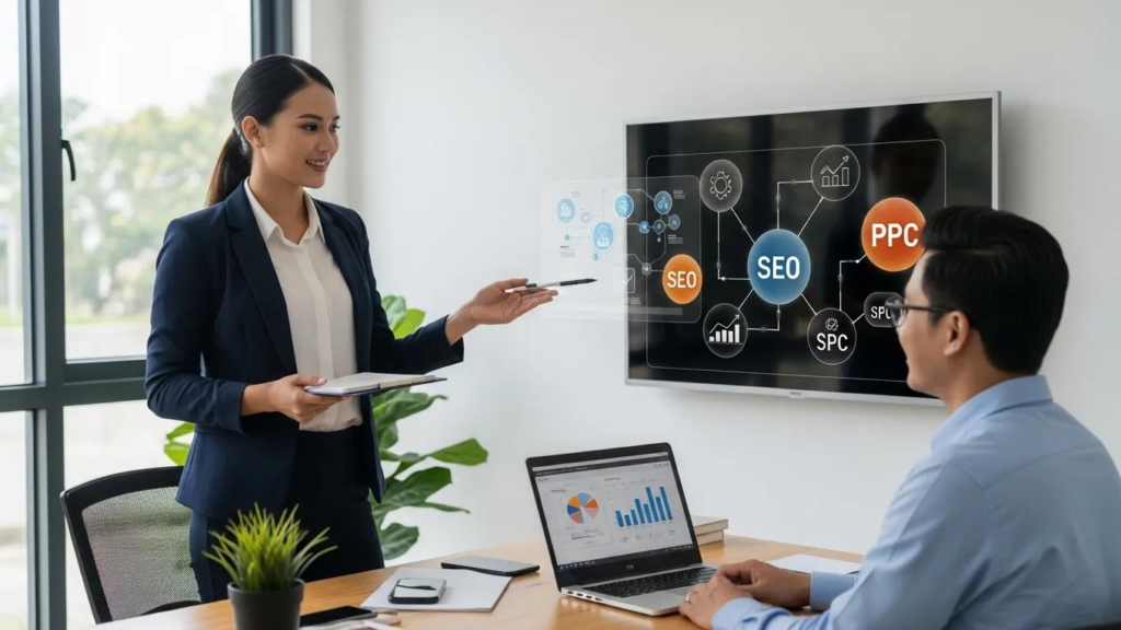 Digital marketing expert presenting integrated SEO and PPC strategies to a small business owner