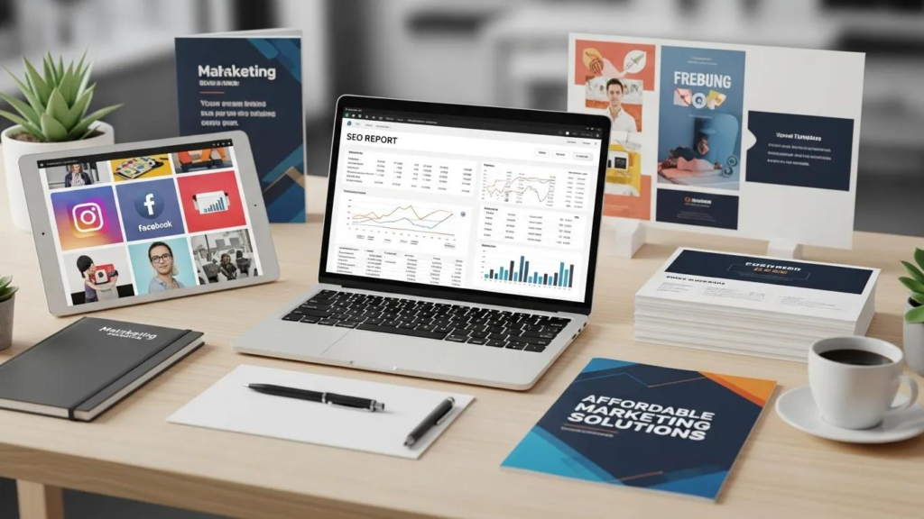 Digital marketing package showcasing SEO and social media elements for small businesses