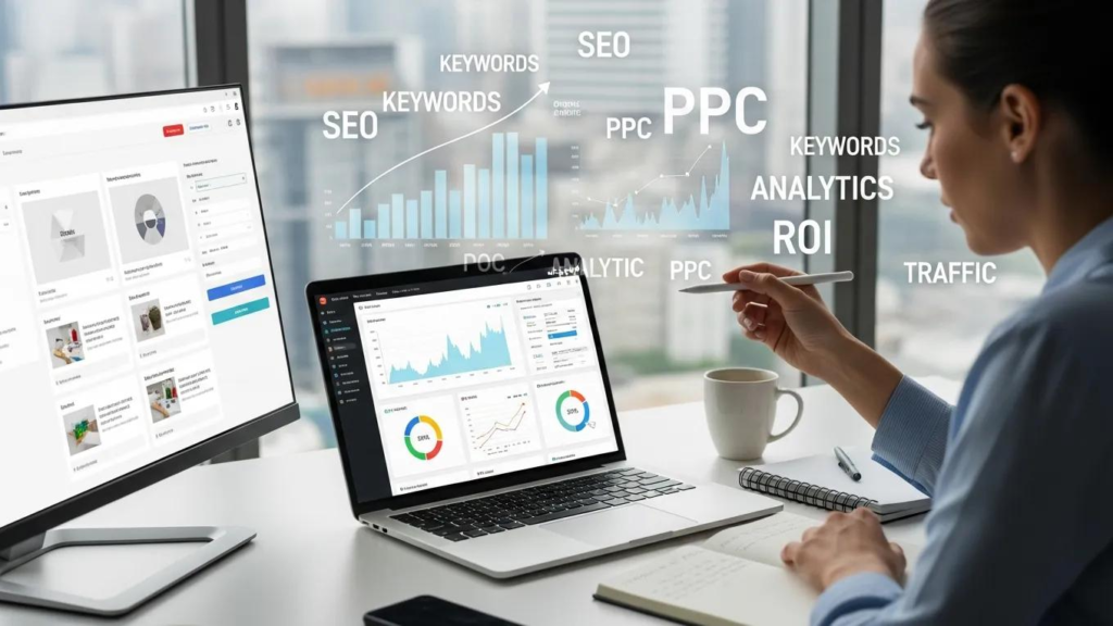 Digital marketing professional analyzing SEO and PPC strategies, showcasing personalized service in marketing