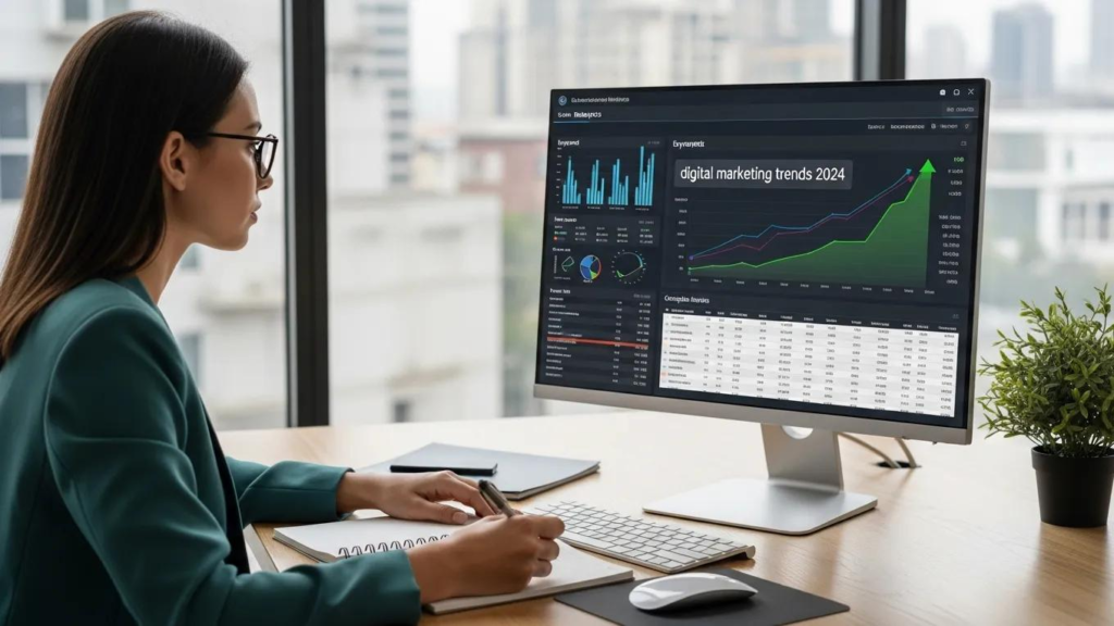 Digital marketing specialist analyzing SEO data on a computer screen, highlighting data-driven strategies