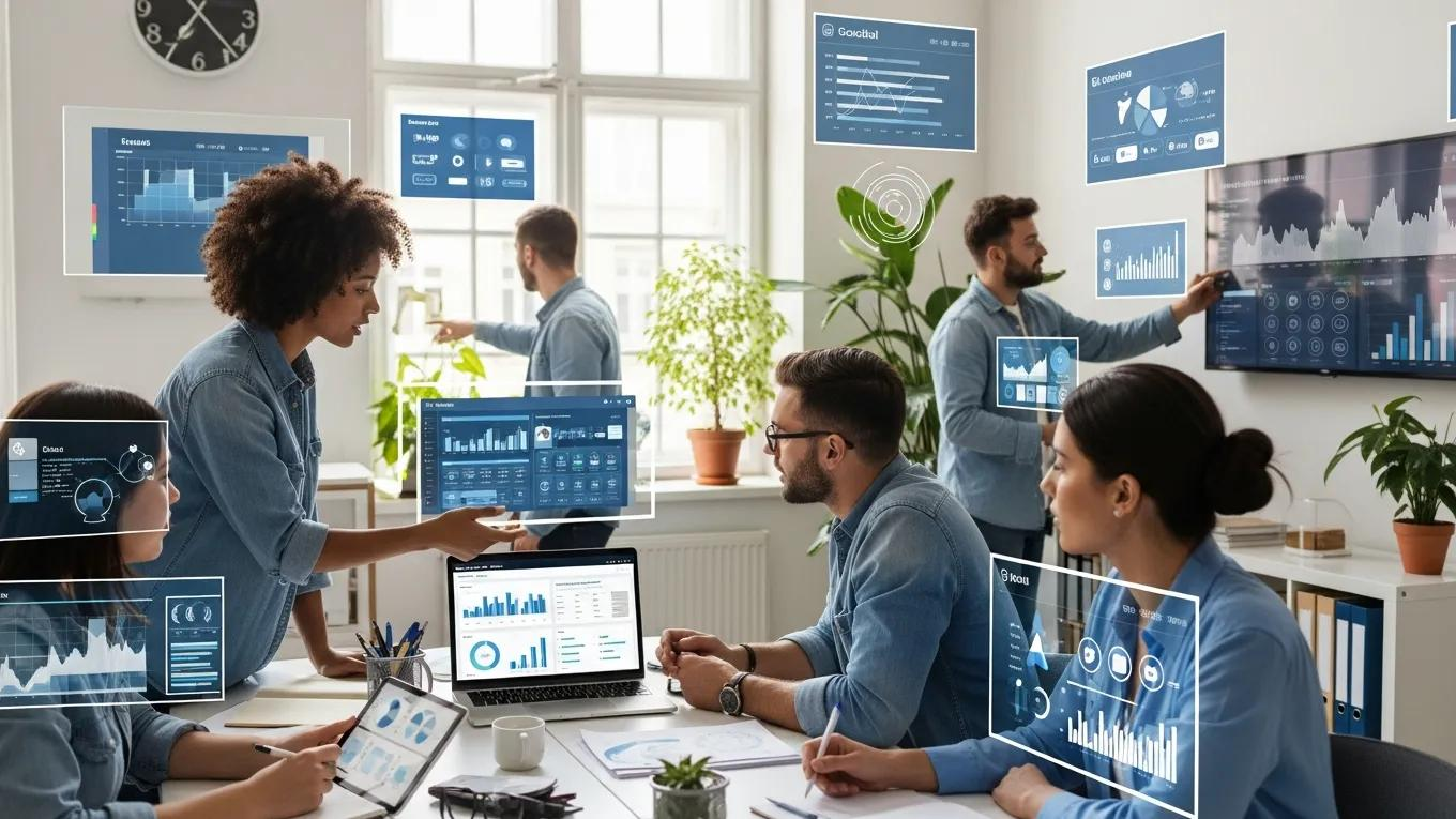 Digital marketing team collaborating in a modern office, emphasizing teamwork and strategy