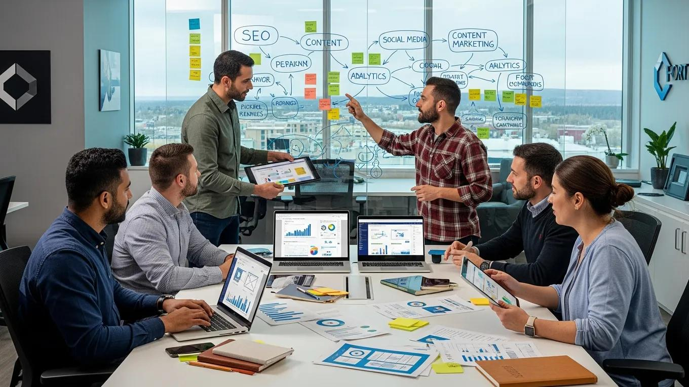 Digital marketing team collaborating in a modern office in Fort McMurray