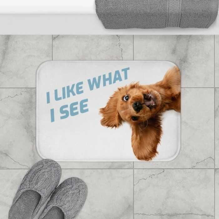 Funny Dog Looking Up Bath Mat (24" × 17") — Anti-Slip Microfiber