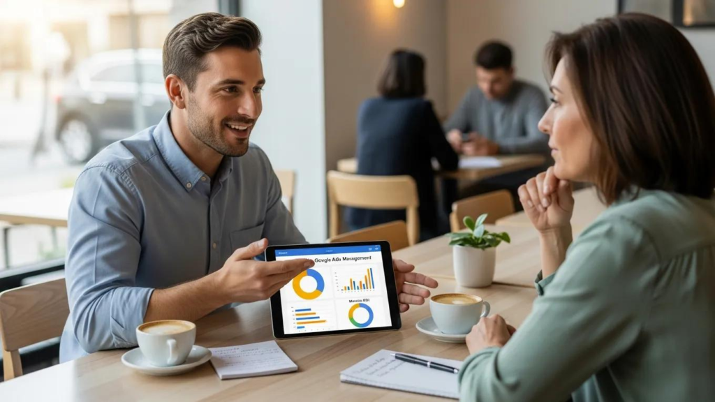 Local consultant discussing affordable Google Ads management with small business owner