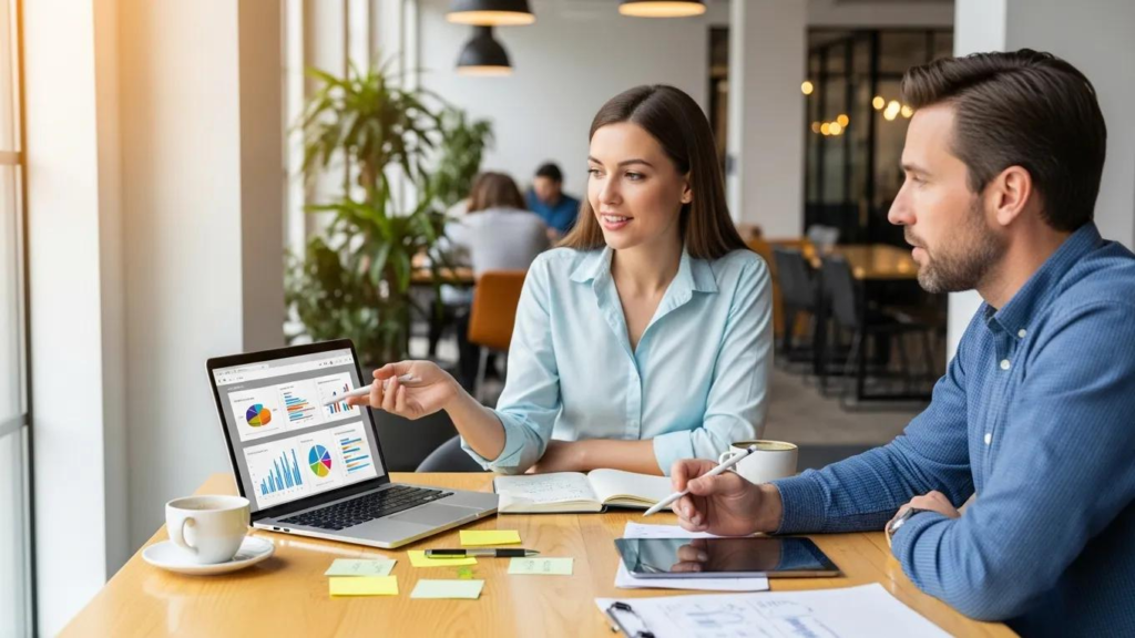 Marketing strategist engaging with a client, highlighting effective communication and personalized service in digital marketing