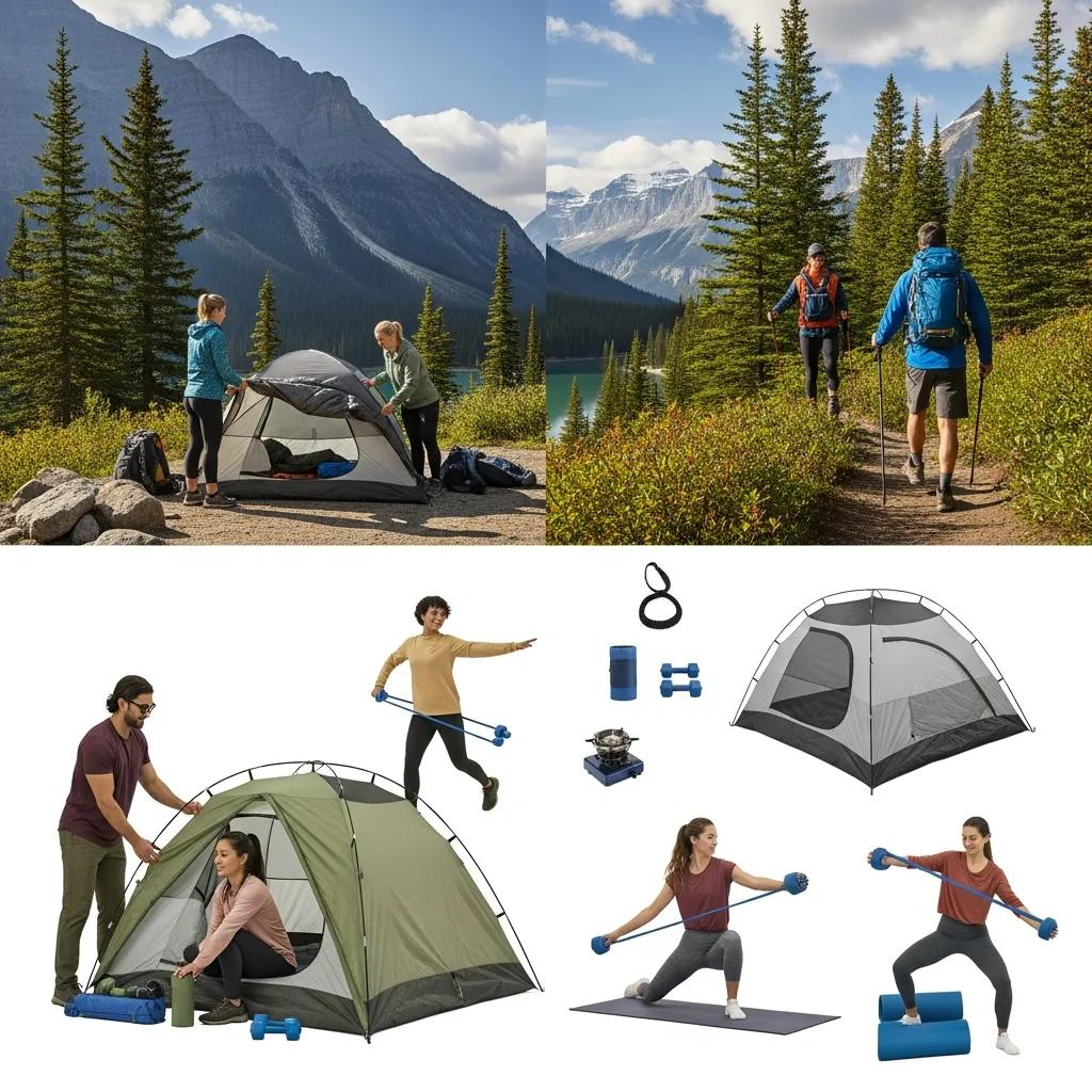 Outdoor enthusiasts using camping gear and fitness equipment in a scenic Canadian landscape