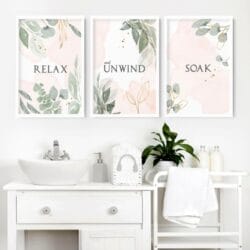 Bathroom Decorative Wall Art Prints (Set of 3) — Pink & Sage Botanical Prints on 250gsm Premium Paper