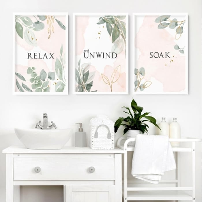 Bathroom Decorative Wall Art Prints (Set of 3) &mdash; Pink & Sage Botanical Prints on 250gsm Premium Paper