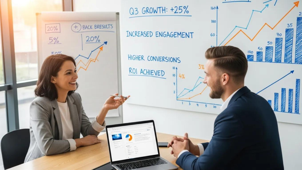 Satisfied client sharing success story with a digital marketing consultant, emphasizing positive outcomes