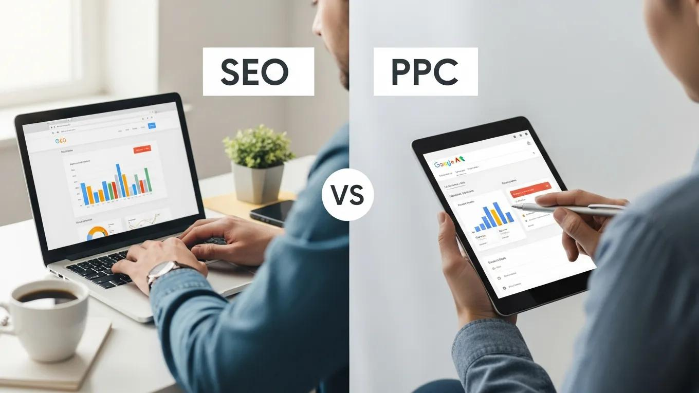 Small business owner comparing SEO analytics and PPC advertising strategies