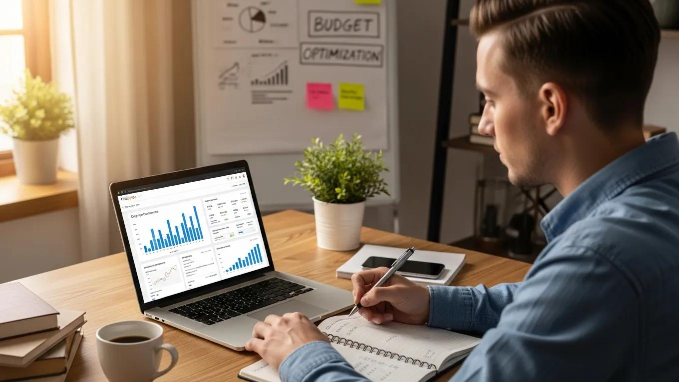 Small business owner reviewing Google Ads on a budget in a cozy office