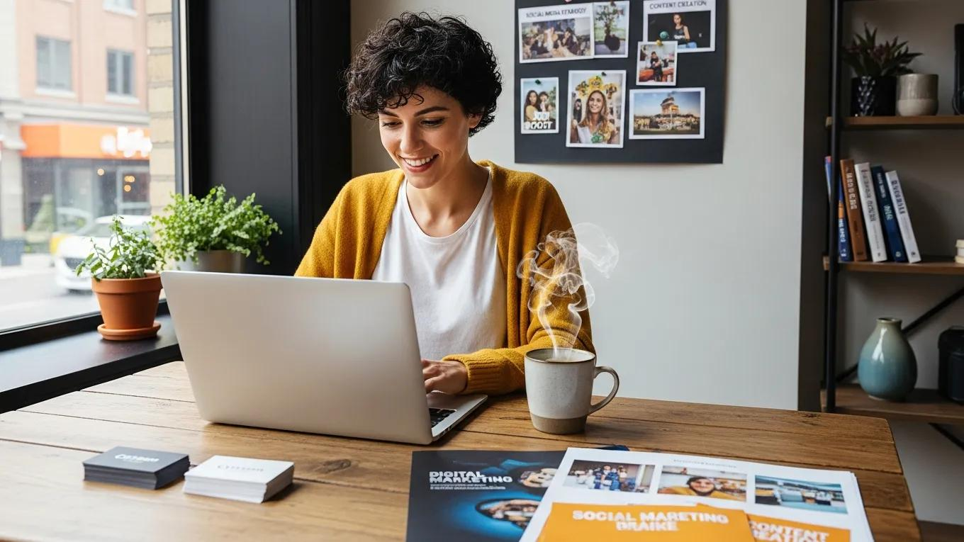 Small business owner working on digital marketing strategies in a cozy office