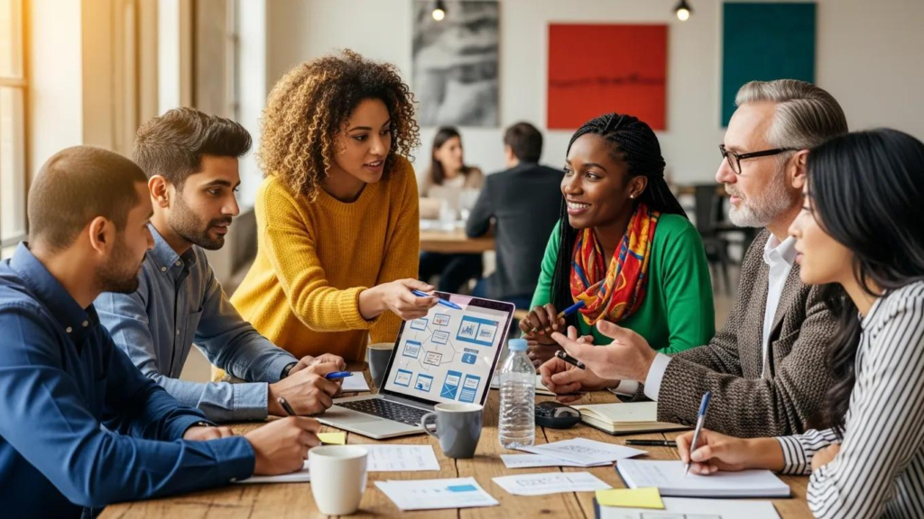 Small business owners collaborating on budget marketing strategies