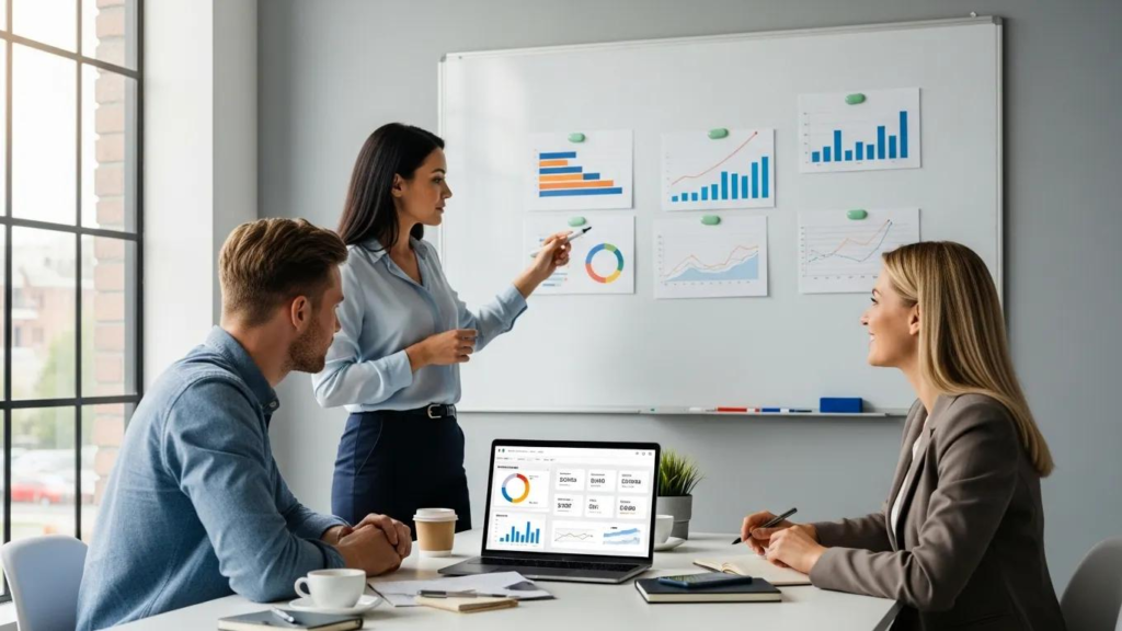 Small business team discussing PPC advertising strategies in a meeting