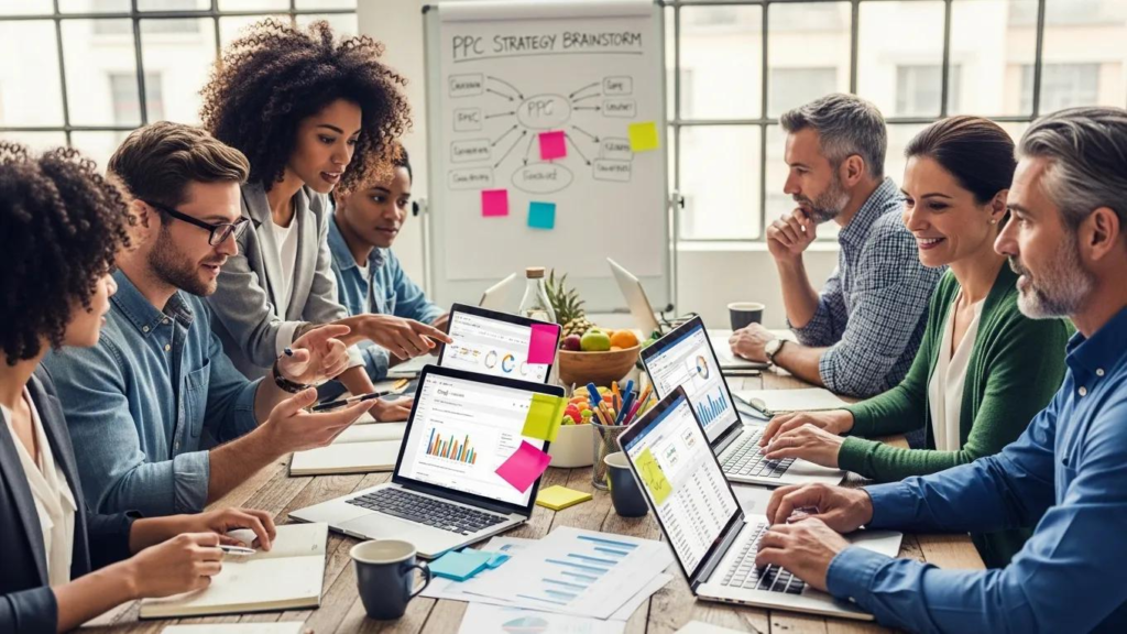 Team collaborating on small business PPC strategy for Google Ads