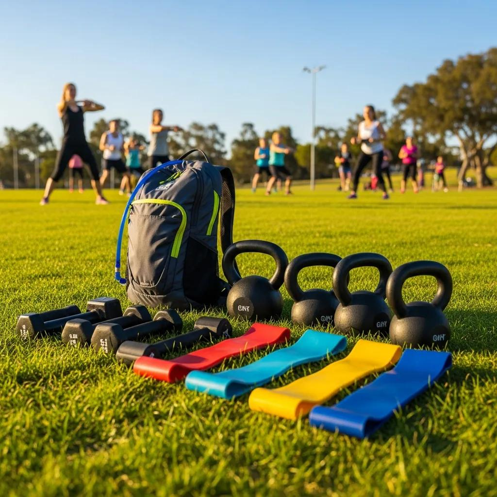 Variety of fitness accessories for outdoor recreation displayed in a sunny park setting