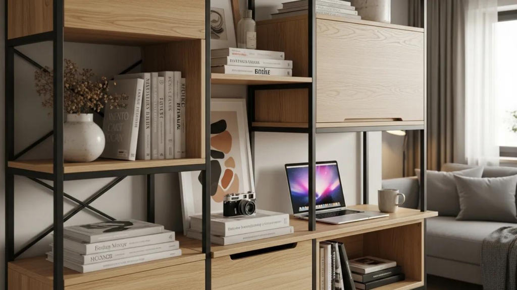 Versatile modular storage unit in a stylish small apartment